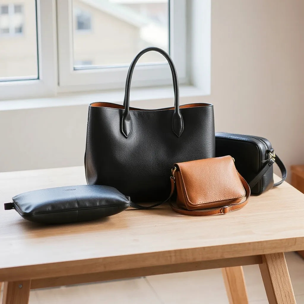 Assorted women’s handbags in neutral tones arranged neatly on a light table in soft natural light
