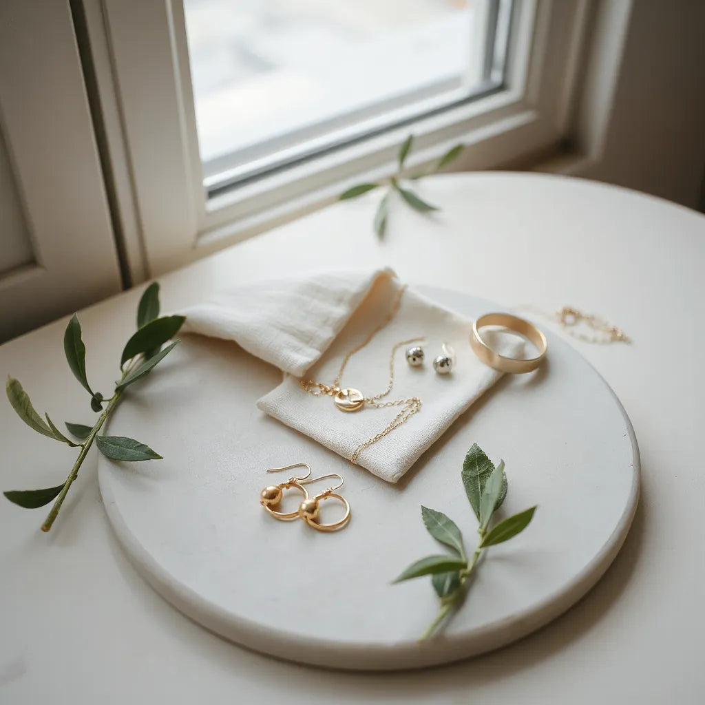 Delicate handmade Italian jewelry set of necklace, earrings, and bracelet on a light stone tray with soft linen