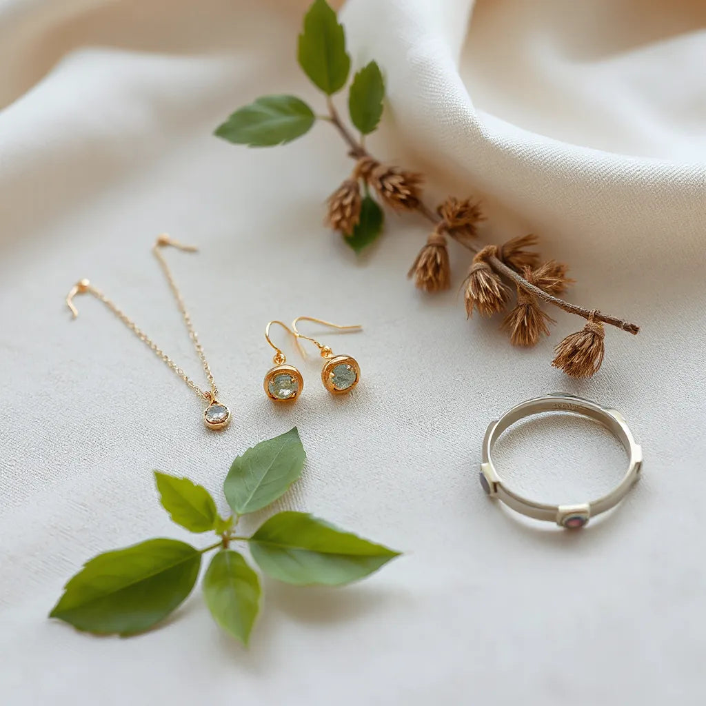 Assorted Italian handmade gold and silver earrings, necklace, and bracelet on a linen background