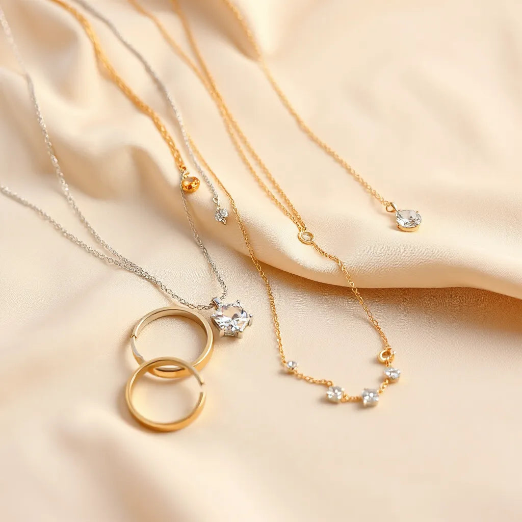 Assorted luxury necklaces, earrings, and bracelet with subtle gemstone sparkle on neutral fabric