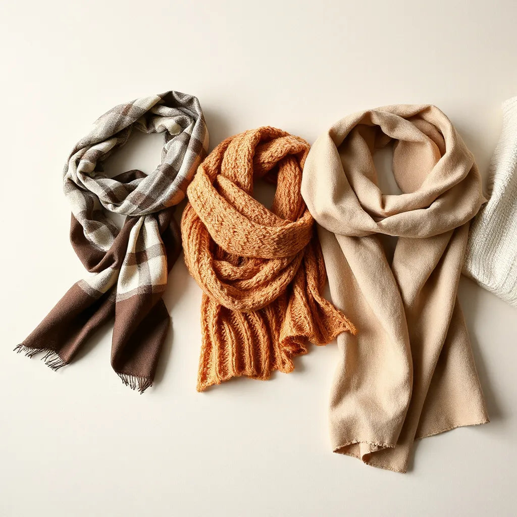 Three stylish scarves in different textures draped neatly over a neutral background for outfit styling ideas
