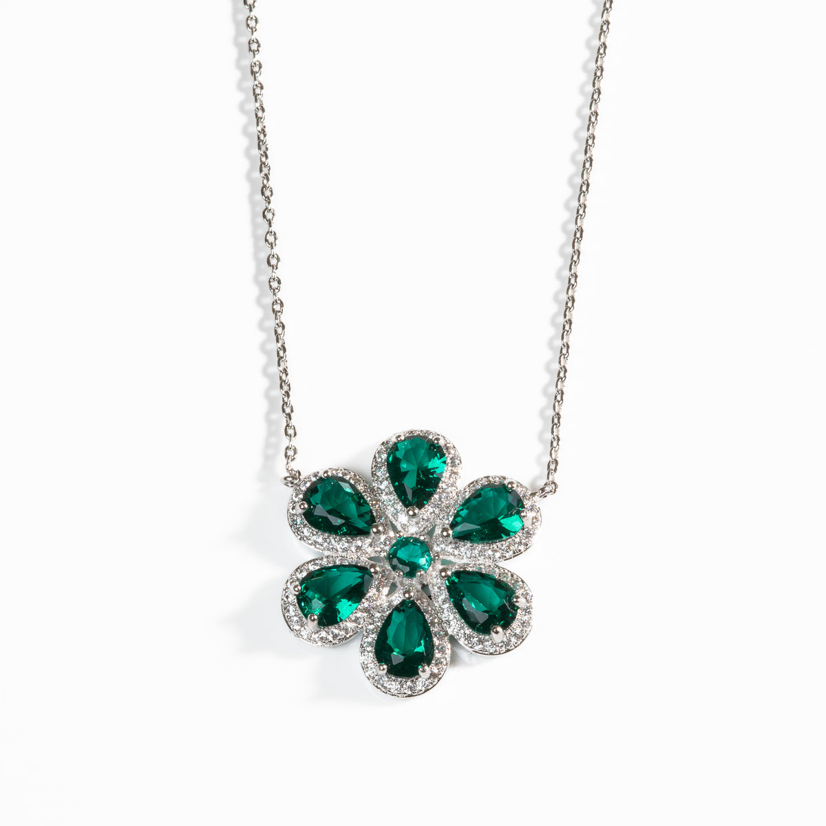 Lusso Fiore Emerald Silver Necklace